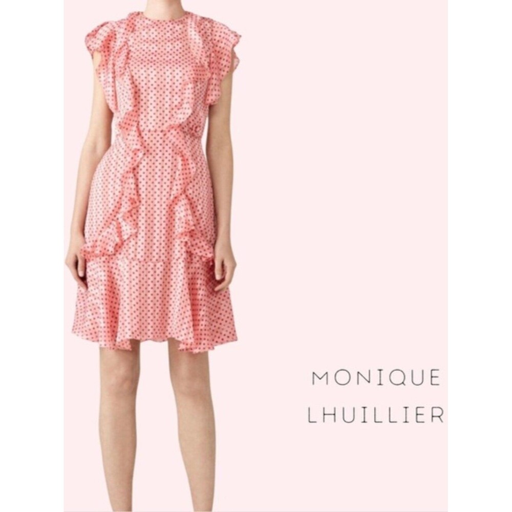 Monique Lhullier Chiffon Mini Dress Pink w/ Red Polka Dots Retro Dainty Ruffles - Picture 3 of 11